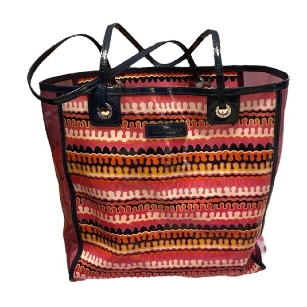 Vera Bradley pink multicolored beach bag tote, navy straps. Clear